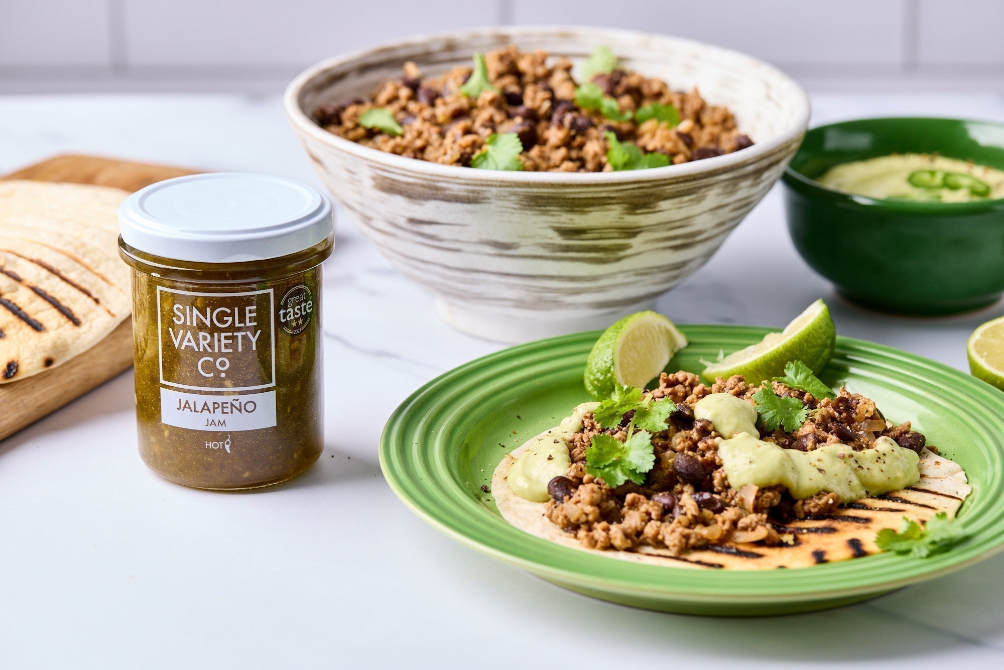 Turkey Mince Tostadas with Avocado & Jalapeño Sauce