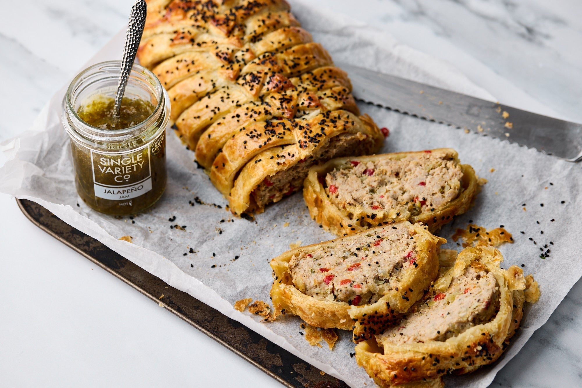 Jalapeno Jam, Roasted Red Pepper & Sausage Lattice