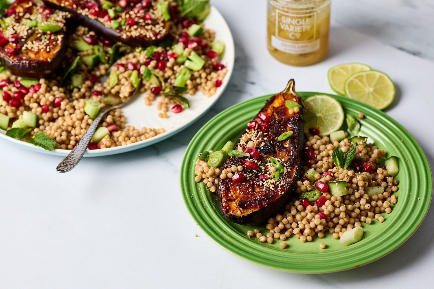 Lime & Harissa Roasted Aubergine with Giant Couscous Salad