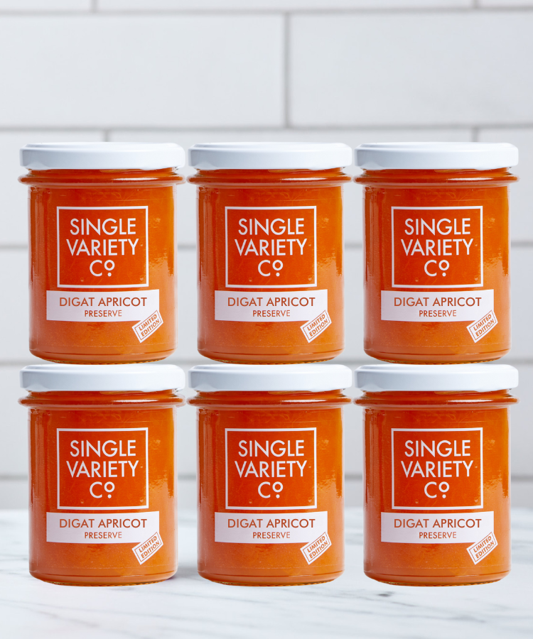 six 225g jars of Single Variety Co Digat Apricot Preserve
