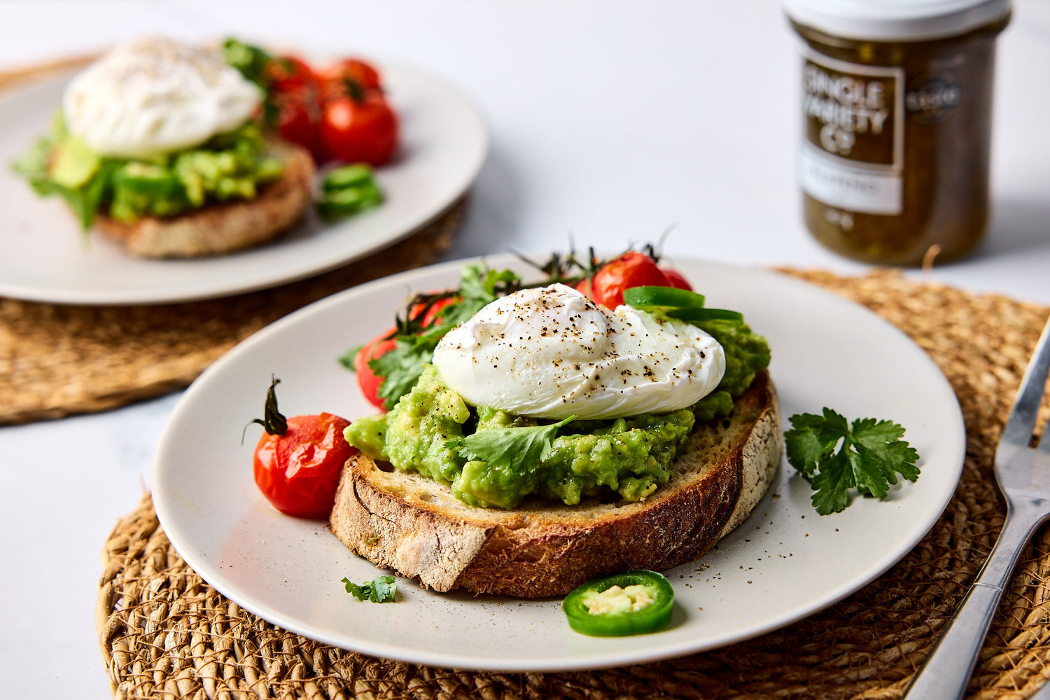 Smashed Jalapeno Avocado Toast with Poached Egg & Roasted Tomatoes