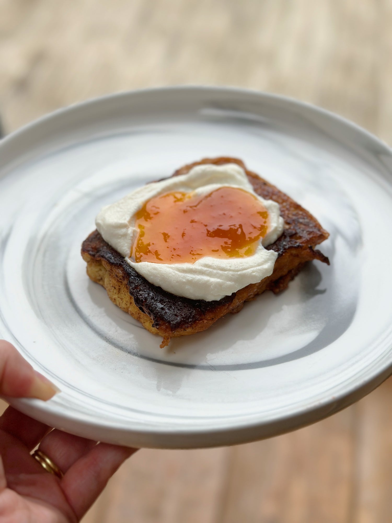 french toast with apricot jam and ricotta