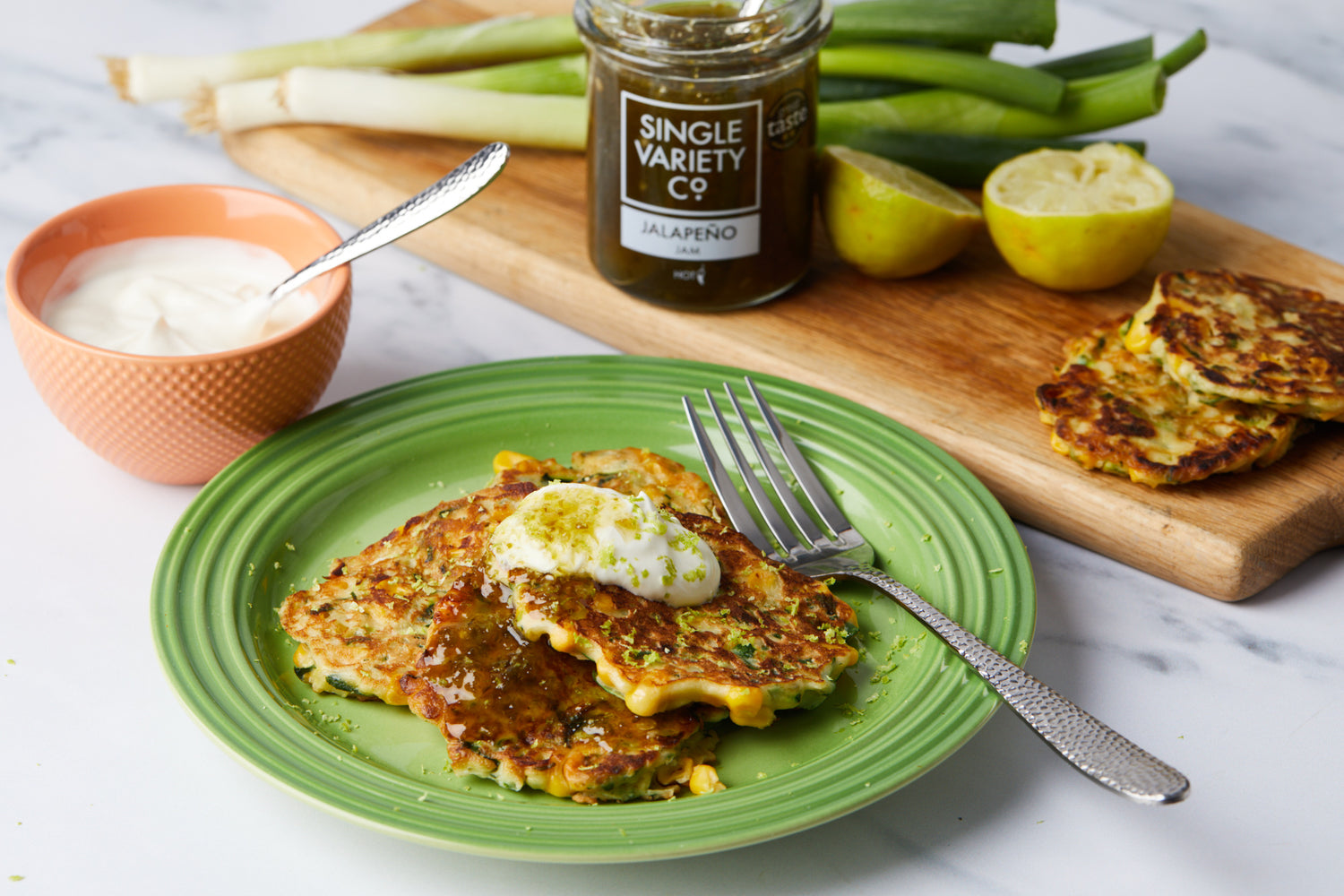 Spicy Courgette & Sweetcorn Fritter with Jalapeno Chilli Jam