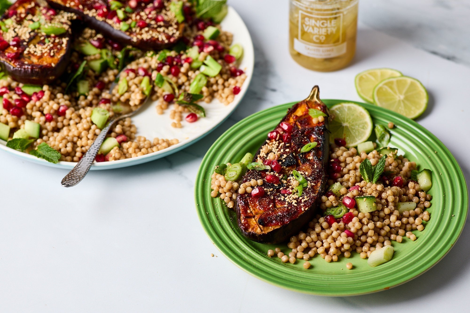 Lime & Harissa Roasted Aubergine with Giant Couscous Salad